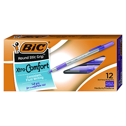 BIC Round Stic Grip Xtra Comfort Ballpoint Pen, Easy-Glide System, Stick, Medium 1.2 mm, Purple Ink, Gray/Purple Barrel, Dozen (GSMG11PE)
