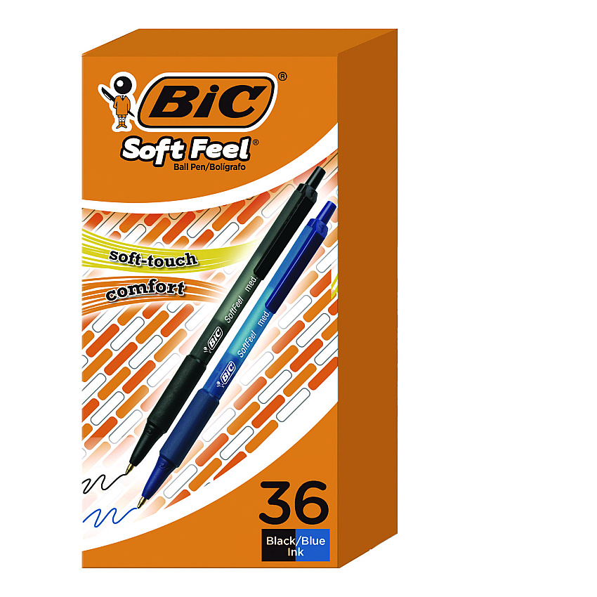 BIC Soft Feel Ballpoint Pen Value Pack, Retractable, Medium 1 mm, Black Ink, Black Barrel, 36/Pack (SCSM361BK)