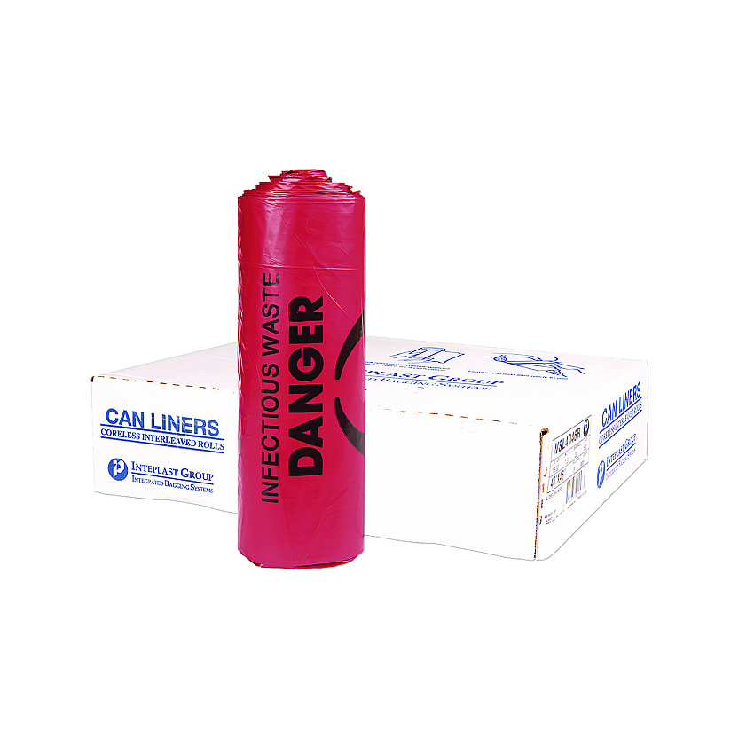 Inteplast Group Institutional Low-Density Can Liners, Infectious Waste Biohazard, 33 gal, 1.3 mil, 33 x 39, Red, Interleaved, 25/RL, 6 RL/CT (SL3339R)
