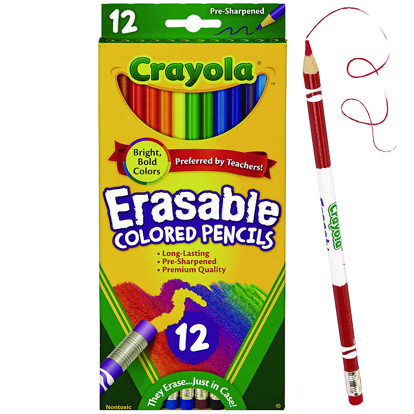 Crayola Erasable Color Pencil Set, 3.3 mm, 2B, Assorted Lead and Barrel Colors, Dozen (684412)