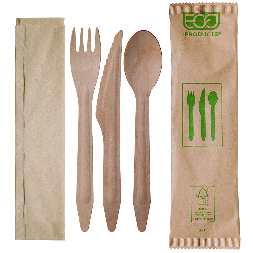 Eco-Products Wood Cutlery, Fork/Knife/Spoon/Napkin, Natural, 500/Carton (EPS215)
