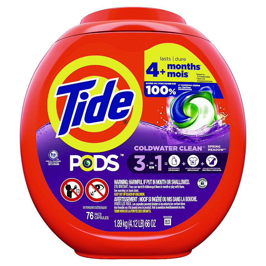 Tide PODS Laundry Detergent, Spring Meadow, 66 oz Tub, 76 Pacs/Tub, 4 Tubs/Carton (09166CT)