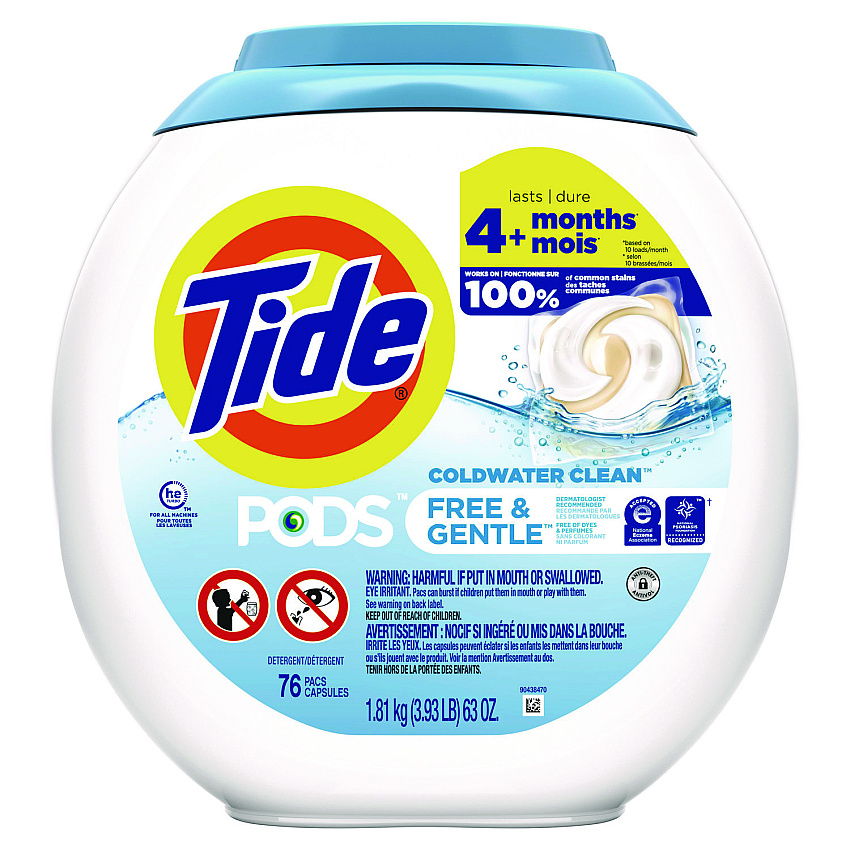 Tide PODS Laundry Detergent, Free and Gentle, 63 oz Tub, 76 Pacs/Tub (09488EA)