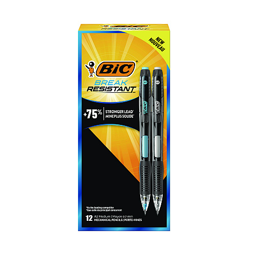 BIC Break-Resistant Mechanical Pencils with Erasers, 0.7 mm, HB (#2), Black Lead, Assorted Barrel Colors, 12/Pack (MV7PR11BLK)