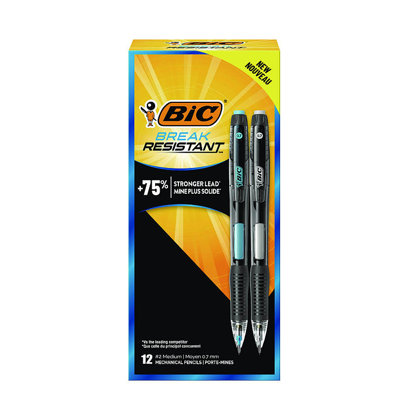 BIC Break-Resistant Mechanical Pencils with Erasers, 0.7 mm, HB (#2), Black Lead, Assorted Barrel Colors, 12/Pack (MV7PR11BLK)