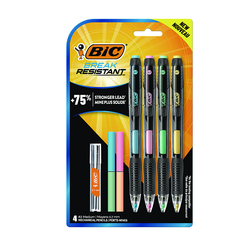 BIC Break-Resistant Mechanical Pencils with Erasers, 0.7 mm, HB (#2), Black Lead, Assorted Barrel Colors, 4/Pack (MV7PRP4BLK)
