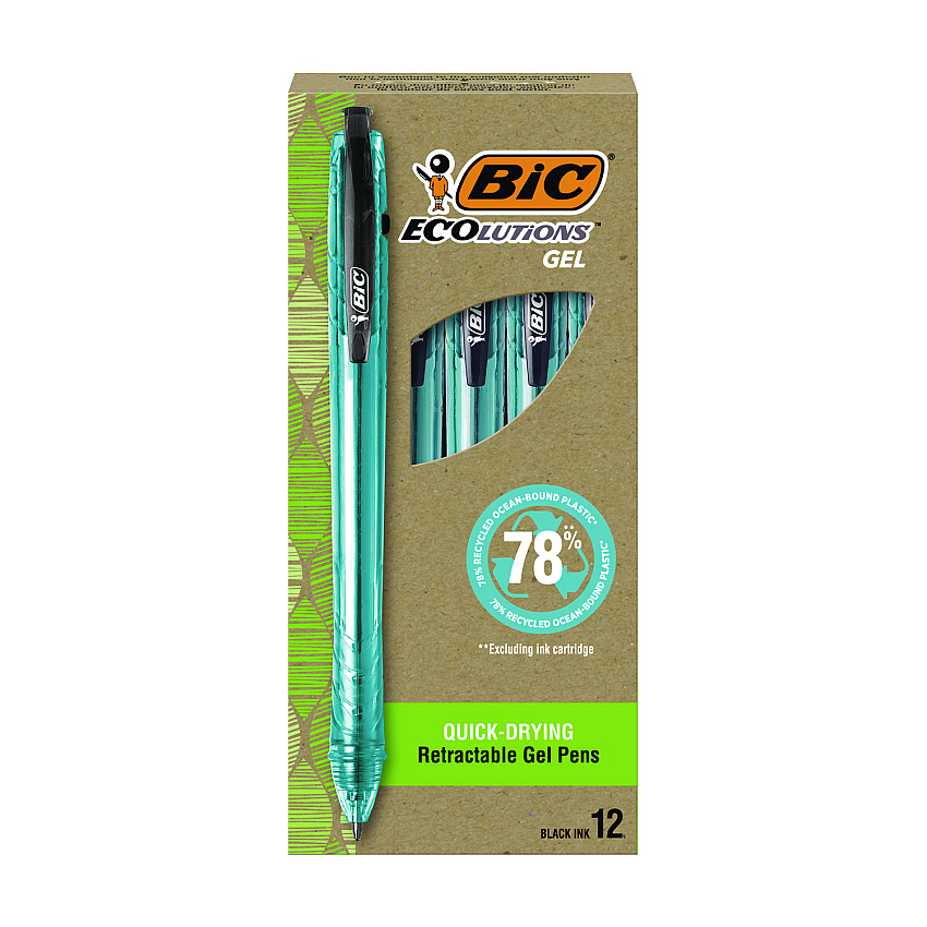 BIC Ecolutions Gel Pen, Retractable, Medium 1 mm, Black Ink, Blue Barrel, 12/Pack (RGLE11BLK)