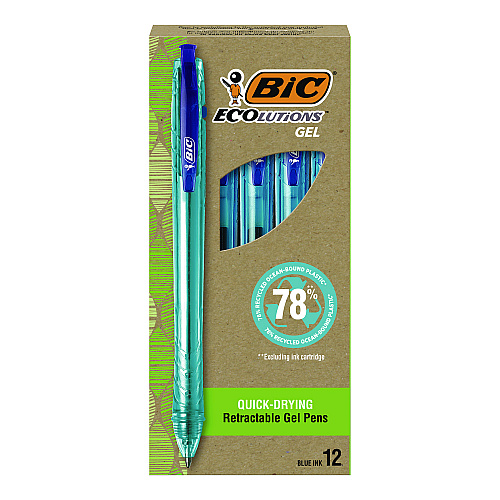 BIC Ecolutions Gel Pen, Retractable, Medium 1 mm, Blue Ink, Blue Barrel, 12/Pack (RGLE11BLU)