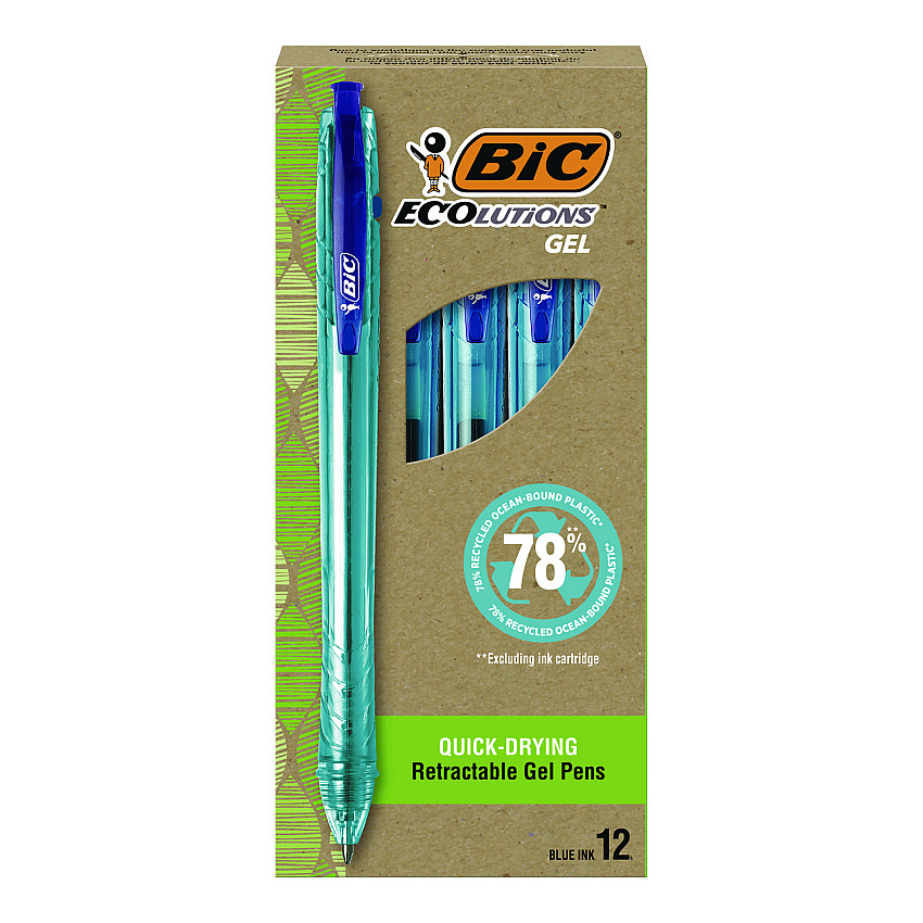 BIC Ecolutions Gel Pen, Retractable, Medium 1 mm, Blue Ink, Blue Barrel, 12/Pack (RGLE11BLU)