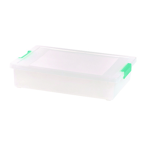 Iris Latch Lid Storage Box, 2.3 gal, 14 x 11 x 3.5, Clear Bin/Seafoam Latches (301158)