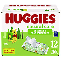 Huggies Natural Care Sensitive Baby Wipes, Unscented, White, 64/Pack, 12 Packs/Carton (51079)