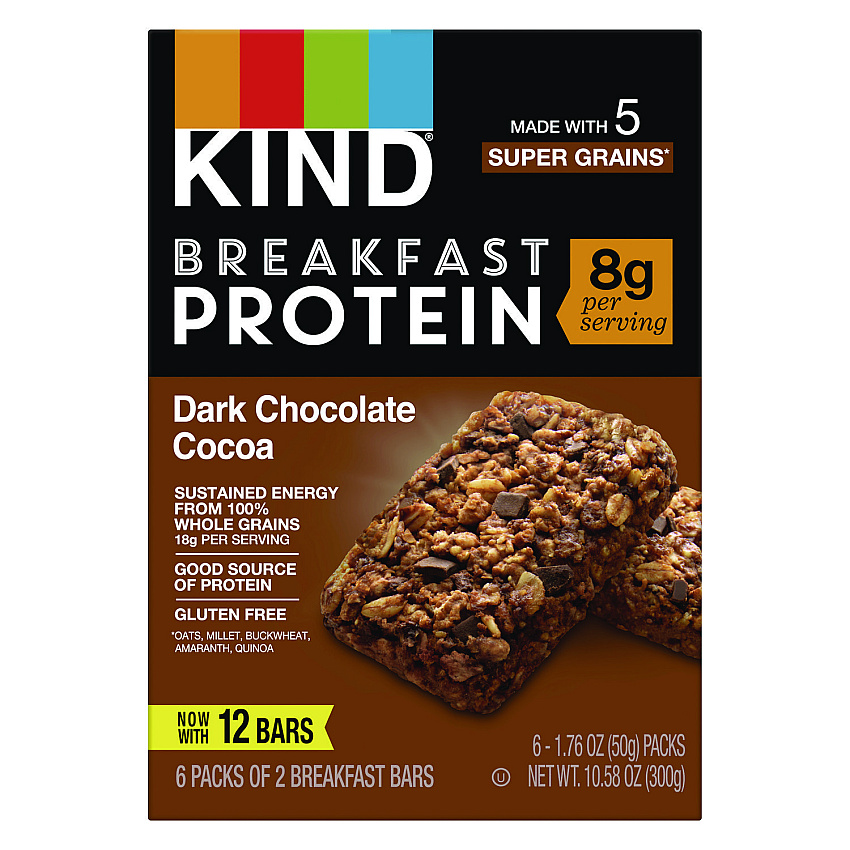 KIND Breakfast Protein Bars, Dark Chocolate Cocoa, 1.76 oz Two-Bar Packs, 6/Box (PHW41936)