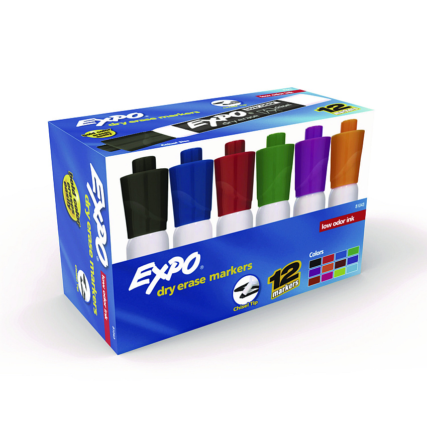 EXPO Low-Odor Dry-Erase Marker, Broad Chisel Tip, Assorted Colors, 12/Box (81043)