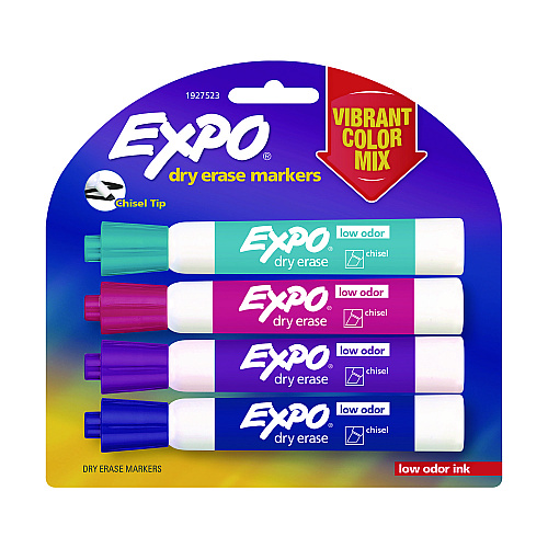 EXPO Low-Odor Dry Erase Marker, Broad Chisel Tip, Assorted Colors, 4/Pack (1927523)