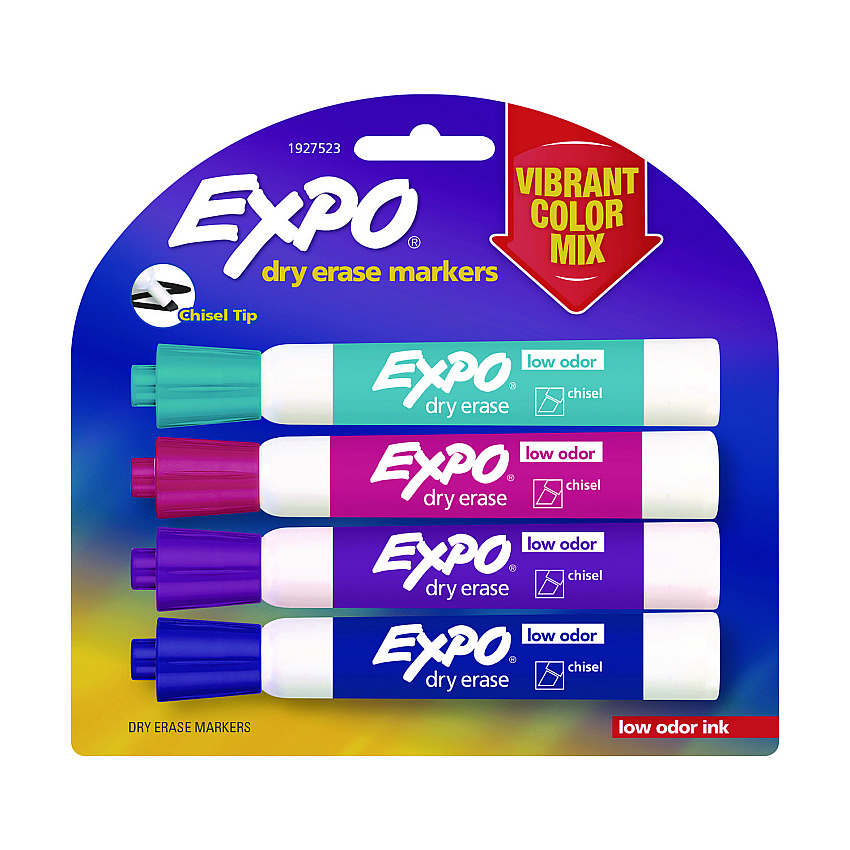 EXPO Low-Odor Dry Erase Marker, Broad Chisel Tip, Assorted Colors, 4/Pack (1927523)