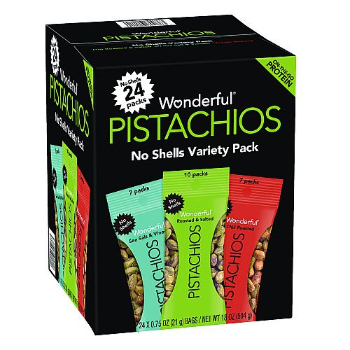 Wonderful No Shells Roasted and Salted Pistachios Variety Pack, Assorted Flavors, 0.75 oz Bag, 24/Carton (PAR70086)