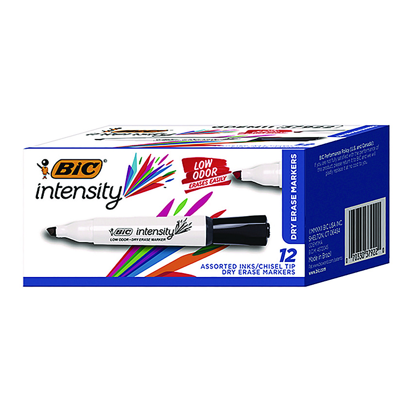 BIC Intensity Low Odor Chisel Tip Dry Erase Marker, Broad Chisel Tip, Assorted Colors, Dozen (GDEM11MAAST)