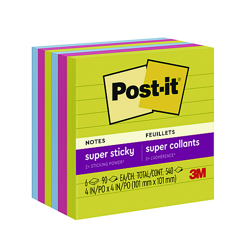 Post-it Note Pads in Summer Joy Color Collection Colors, 4" x 4", Note Ruled, 90 Sheets/Pad, 6 Pads/Pack (6756SSJOY)
