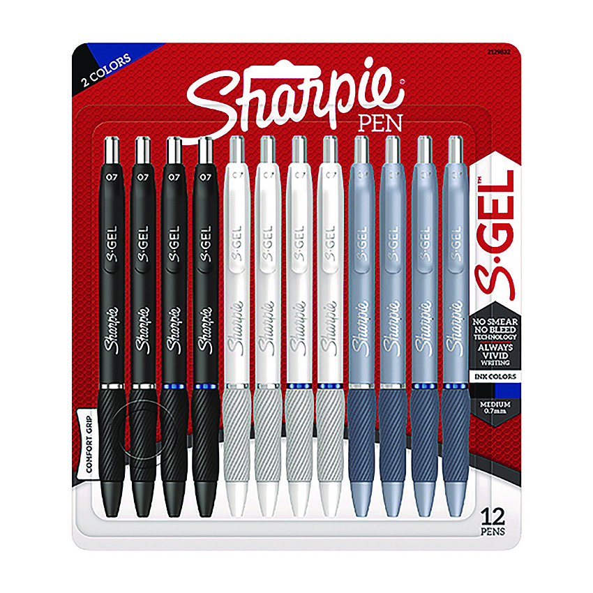Sharpie S-Gel Gel Pen, Retractable, Medium 0.7 mm, Black; Blue Ink, Black; Gray; White Barrels, 12/Pack (2129832)