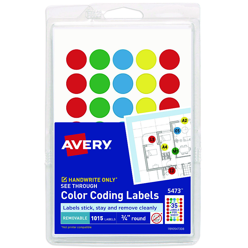 Avery Handwrite-Only Self-Adhesive "See Through" Removable Round Color Dots, 0.75" dia, Assorted, 35/Sheet, 29 Sheets/Pack, (5473) (05473)