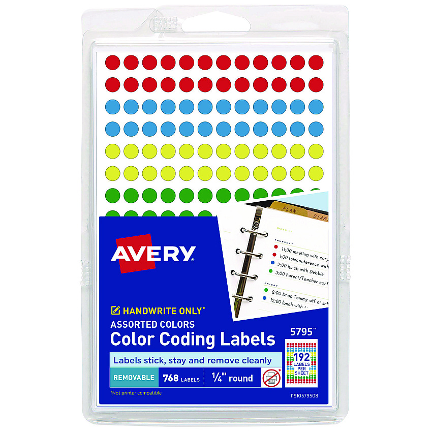 Avery Handwrite Only Self-Adhesive Removable Round Color-Coding Labels, 0.25" dia, Assorted, 192/Sheet, 4 Sheets/Pack, (5795) (05795)