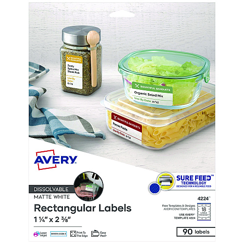 Avery White Dissolvable Labels w/ Sure Feed, 1.25 x 2.38, White, 90/PK (4224)