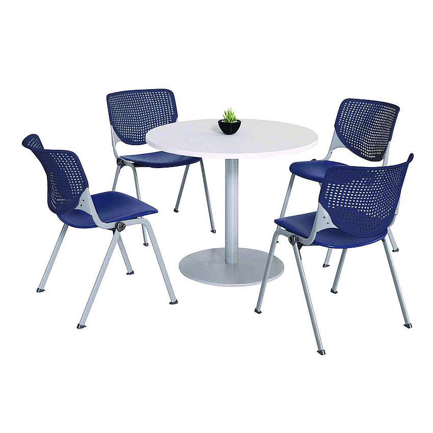 KFI Studios Pedestal Table with Four Navy Kool Series Chairs, Round, 36" Dia x 29h, Designer White (811774036665)