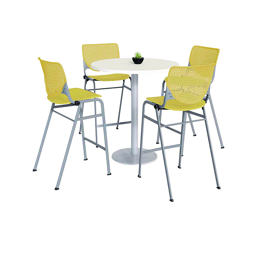 KFI Studios Pedestal Bistro Table with Four Yellow Kool Series Barstools, Round, 36"Dia x 41h, Designer White (811774037099)