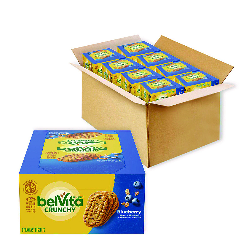 Nabisco belVita Breakfast Biscuits, 1.76 oz Pack, Blueberry, 8 Packs/Box, 8 Boxes/Carton (02908)