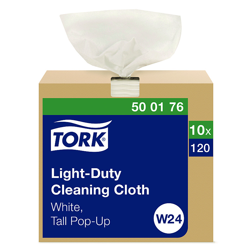 Tork Light Duty Cleaning Cloth Pop Up Box, 1-Ply, 8.3 x 16.1, White, 120 Cloths/Pack, 10 Packs/Carton (500176)