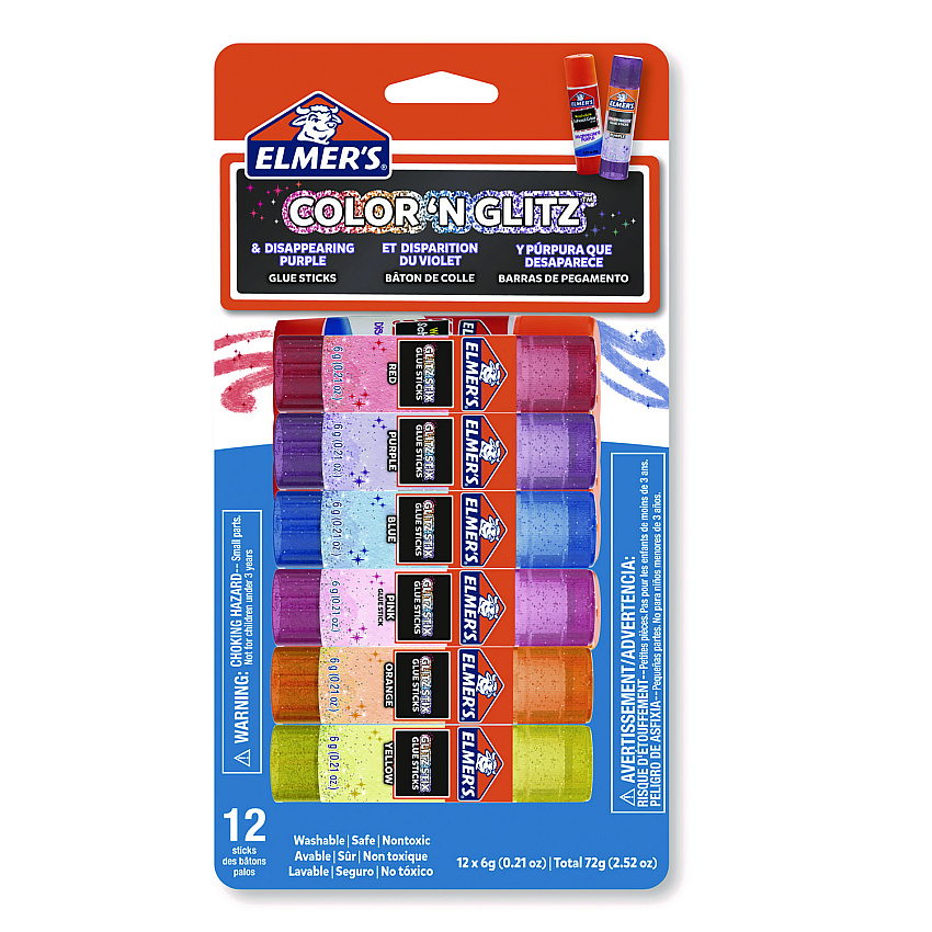 Elmer's Glitter Glue Sticks, Applies Assorted Colors, 0.21 oz, Dries Clear Glitter, 12/Pack (2197116)