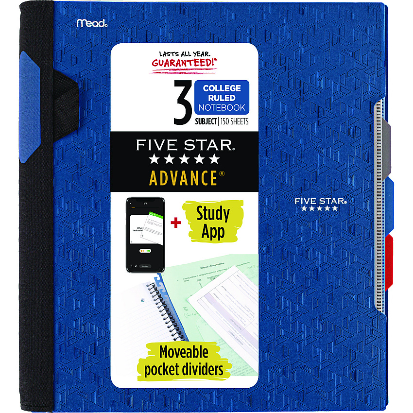 Five Star Advance Wirebound Notebook, Six Pockets, 3-Subject, Medium/College Rule, Randomly Assorted Cover Color, (150) 11 x 8.5 Sheets (06324)