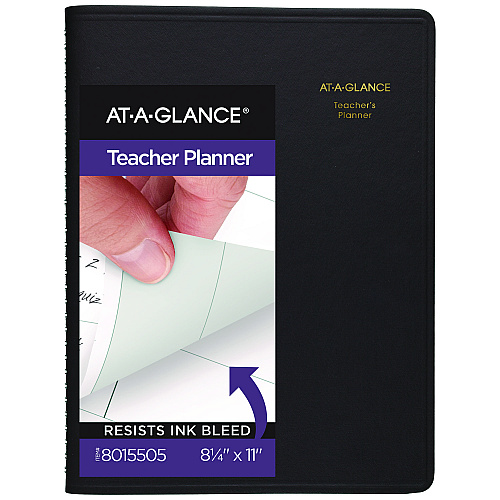 AT-A-GLANCE Undated Teacher's Planner, Weekly, 9 Classes, Black Cover, 10.88 x 8.25 Sheets, 12-Month (July to June) (8015505)