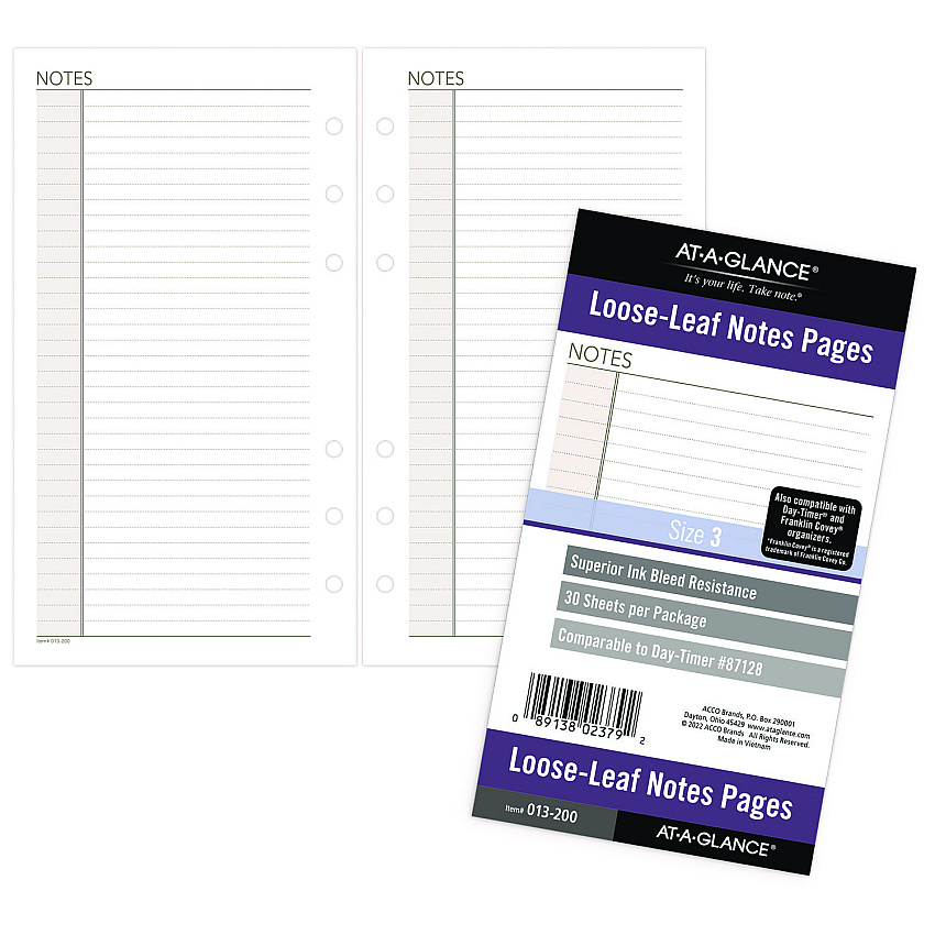 AT-A-GLANCE Lined Notes Pages for Planners/Organizers, 6.75 x 3.75, White Sheets, Undated (013200)