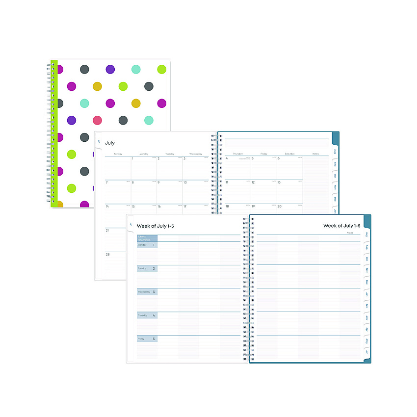 Blue Sky Teacher Dots CYO Cover Weekly/Monthly Lesson Planner, 9 Classes, Multicolor Cover, 11 x 8.5, 12-Month (July-June), 2025-2026 (100330)