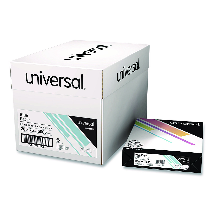 Universal Deluxe Colored Paper, 20 lb Bond Weight, 8.5 x 11, Blue, 500 Sheets/Ream, 10 Reams/Carton (UNV11202CT)