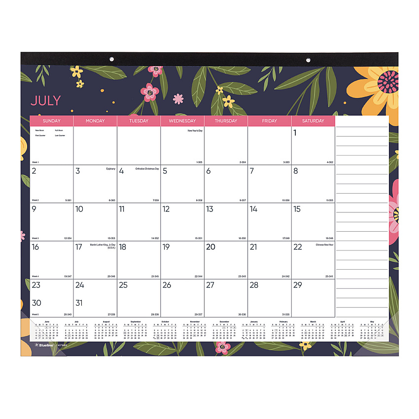 Blueline Academic 18-Month Desk Pad Calendar, Floral Artwork, 22 x 17, White/Multicolor Sheets, Black Headband, July 2025 to Dec 2026 (CA1716BD)