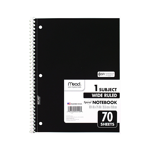 Mead Spiral Notebook, 3-Hole Punched, 1-Subject, Wide/Legal Rule, Randomly Assorted Cover Color, (70) 10.5 x 7.5 Sheets (05510)