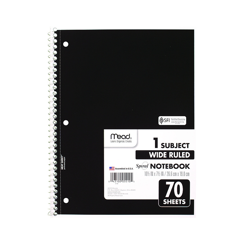 Mead Spiral Notebook, 3-Hole Punched, 1-Subject, Wide/Legal Rule, Randomly Assorted Cover Color, (70) 10.5 x 7.5 Sheets (05510)