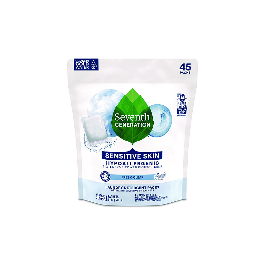 Seventh Generation Natural Laundry Detergent Packs, Powder, Unscented, 45 Packets/Pack (22977)