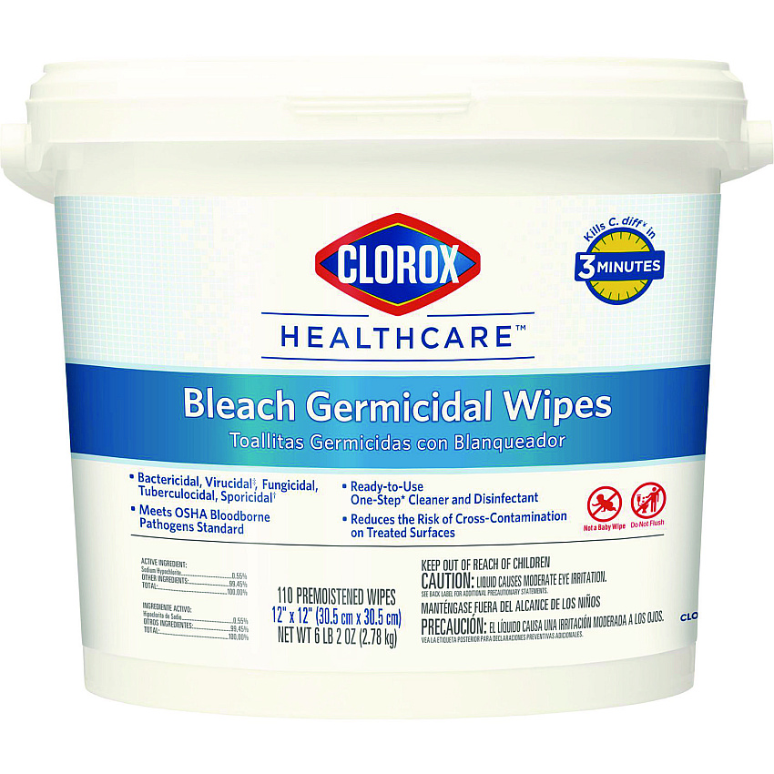 Clorox Healthcare Bleach Germicidal Wipes, 1-Ply, 12 x 12, Unscented, White, 110/Bucket (30358)