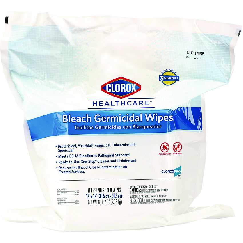 Clorox Healthcare Bleach Germicidal Wipes, 1-Ply, 12 x 12, Unscented, White, 110/Bag (30359)