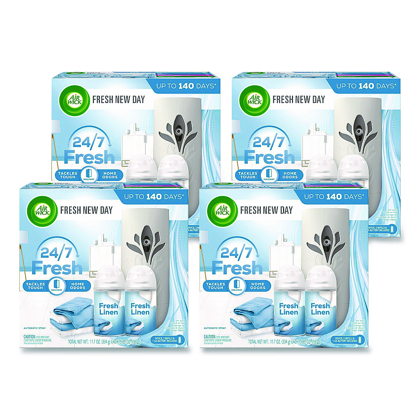 Air Wick Freshmatic Ultra Automatic Starter Kit, Gadget/(2) 5.89 oz Fresh Linen Refills/AA Battery, 4 Kits/Carton (01918CT)