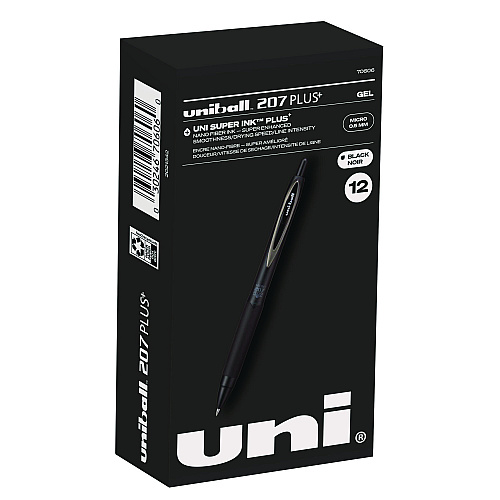 uni-ball 207 Plus+ Gel Pen, Retractable, Micro 0.5 mm, Black Ink, Black Barrel, Dozen (70606)