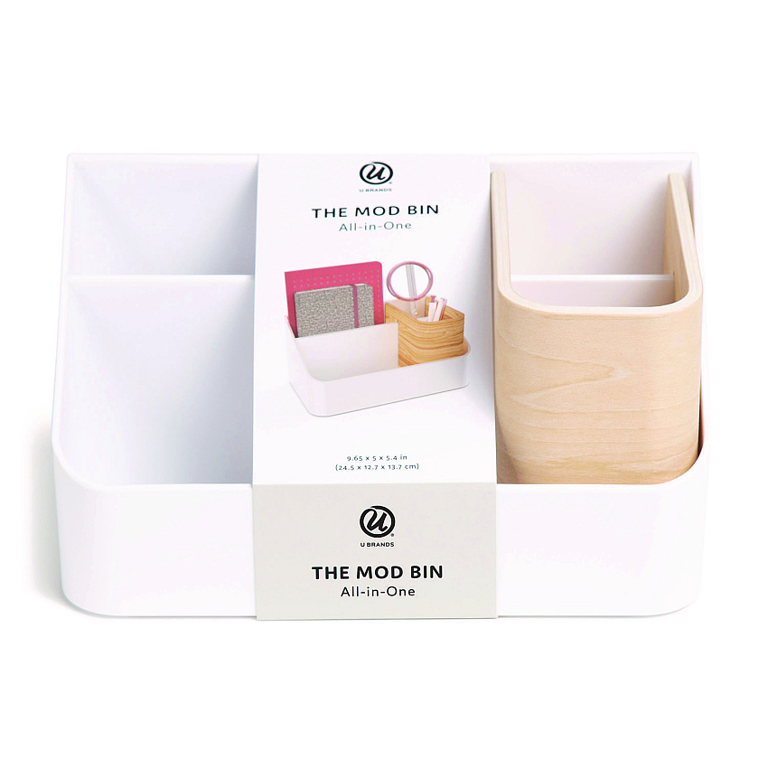 U Brands Mod All-in-One Desktop Organizer, 4 Compartments, 5.39 x 9.65 x 5.08, Plastic/Wood, White (5390U0312)
