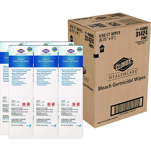 Clorox Healthcare Bleach Germicidal Wipes, 1-Ply, 6.75 x 9, Unscented, White, 50/Box, 6 Boxes/Carton (31424)