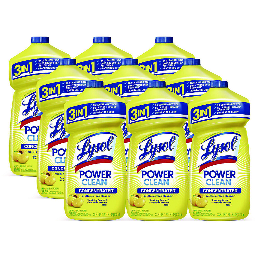 LYSOL Brand Power Clean Concentrated Multi-Surface Cleaner, Lemon and Sunflower Essence, 28 oz Pour Bottle, 9/Carton (82513CT)