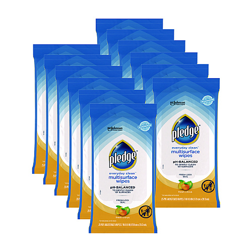 Pledge Multi-Surface Cleaner Wet Wipes, Cloth, 7 x 10, Fresh Citrus, White, 25/Pack, 12 Packs/Carton (336274)
