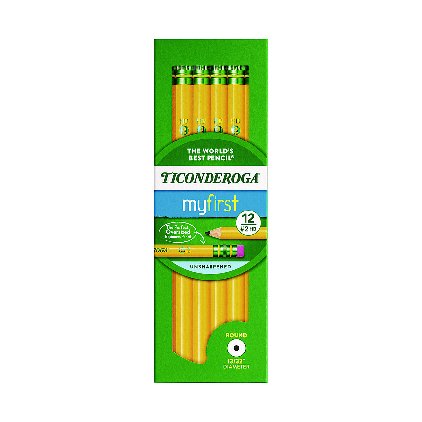 Dixon Ticonderoga Beginners Woodcase Pencil with Eraser and Microban, HB (#2), Black Lead, Yellow Barrel, 12/Pack (133080002)