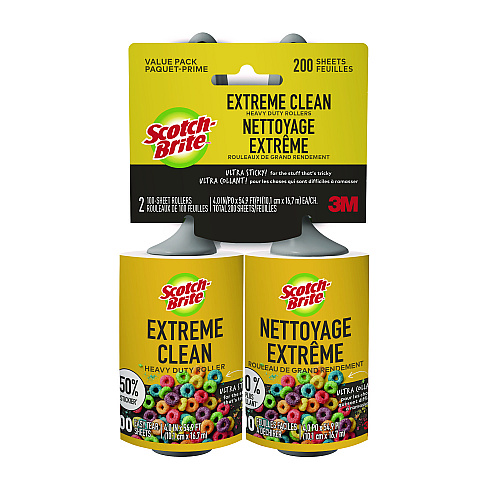 Scotch-Brite Extreme Clean Lint Roller, 4" x 54.59 ft, 100 Sheets/Roll, 2/Pack (830RS100TP)